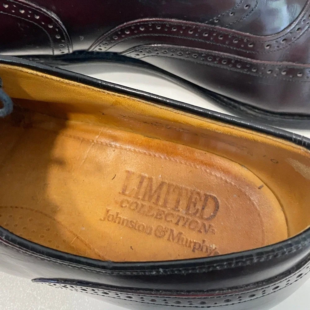 Johnston & Murphy Wingtip Oxford Men 9.5 Burgundy Leather Brogue Dress Shoes